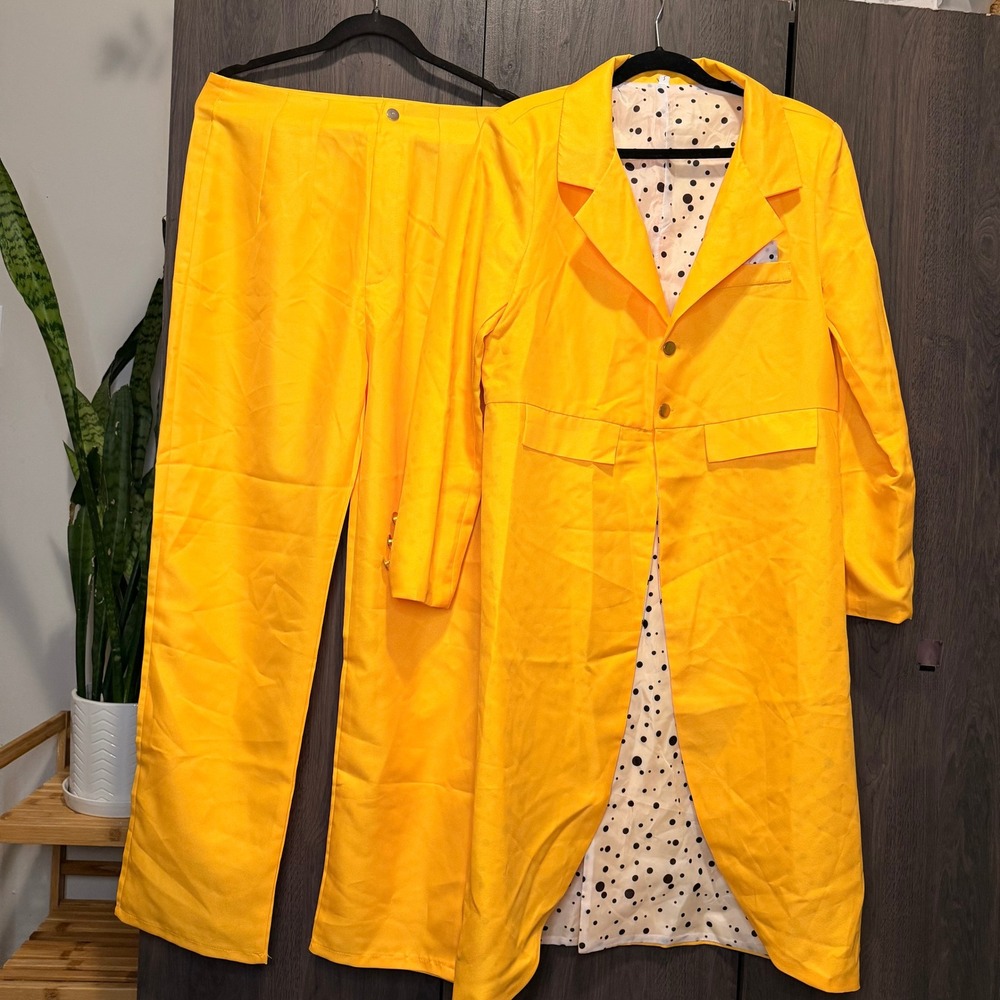Vibrant Yellow Suit Set Blazer trench coat and Pants Womens Large polka dot